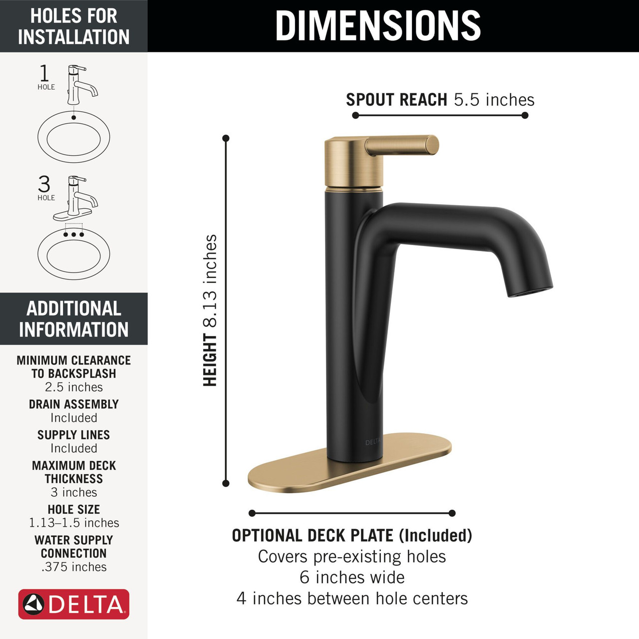 Delta 15849LF-GZ Nicoli 7.94-in x 6.00-in x 9.06-in Single Handle Bathroom Faucet, Matte Black and Champagne Bronze