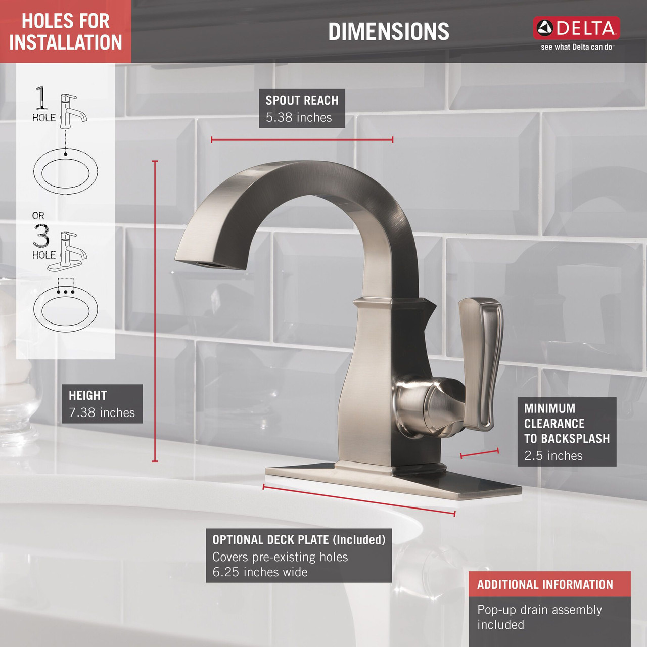 Delta 15718LF-SP Lakewood 7.88-in x 5.00-in x 7.38-in Single Handle Bathroom Faucet, Spotshield Brushed Nickel