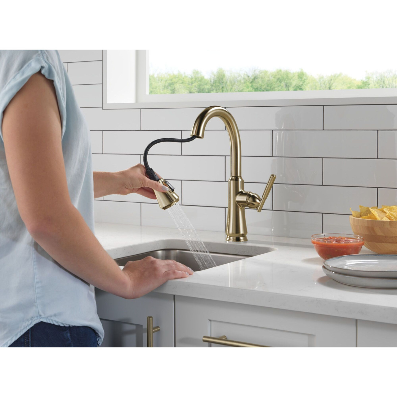9979-CZ-DST Coranto 1.25-in x 10.75-in x 14.38-in Single-Handle Pull-Down Bar and Prep Faucet, Champagne Bronze