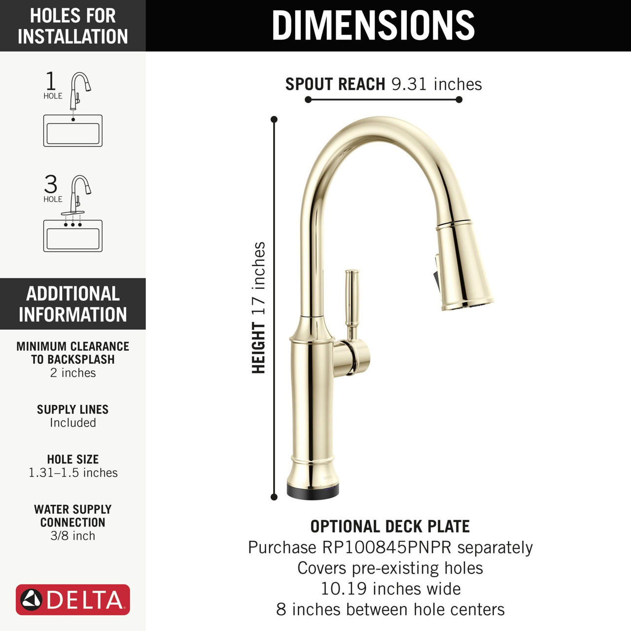 9184TL-PN-PR-DST Renaldi 11.56-in x 2.81-in x 17.00-in Touch2O Kitchen Faucet with Touchless Technology, Lumicoat Polished Nickel