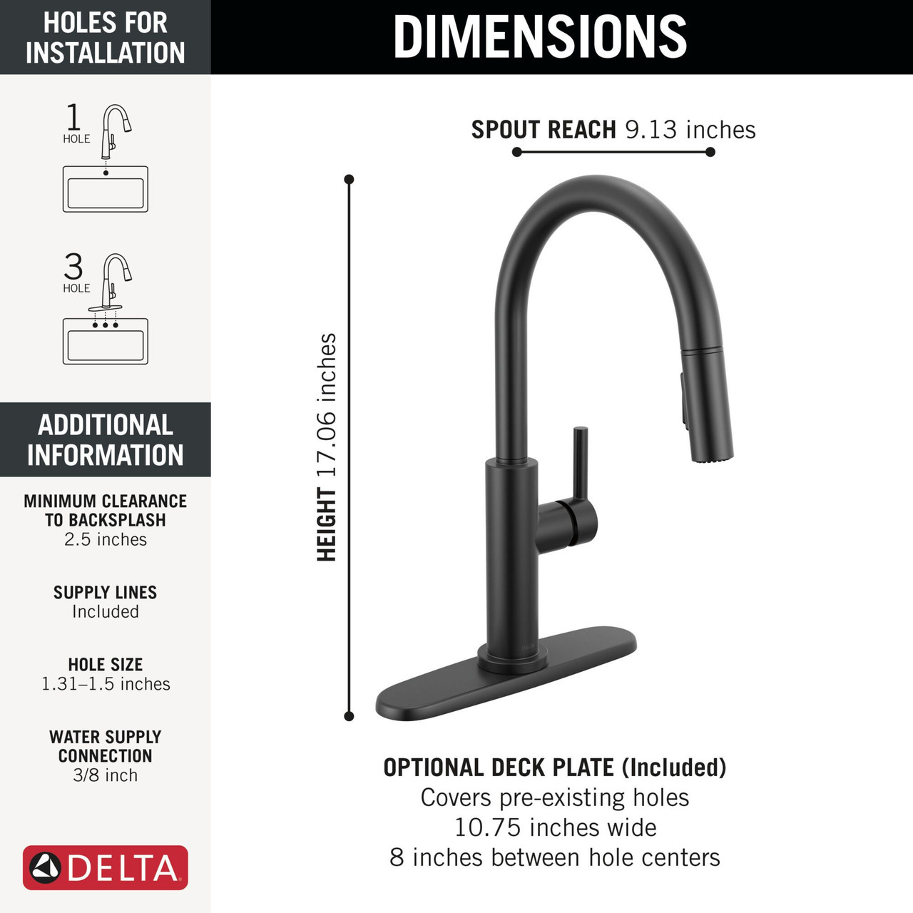 Delta 19867LF-BL Nicoli 11.06-in x 10.75-in x 17.06-in Single-Handle Pull-Down Kitchen Faucet, Matte Black