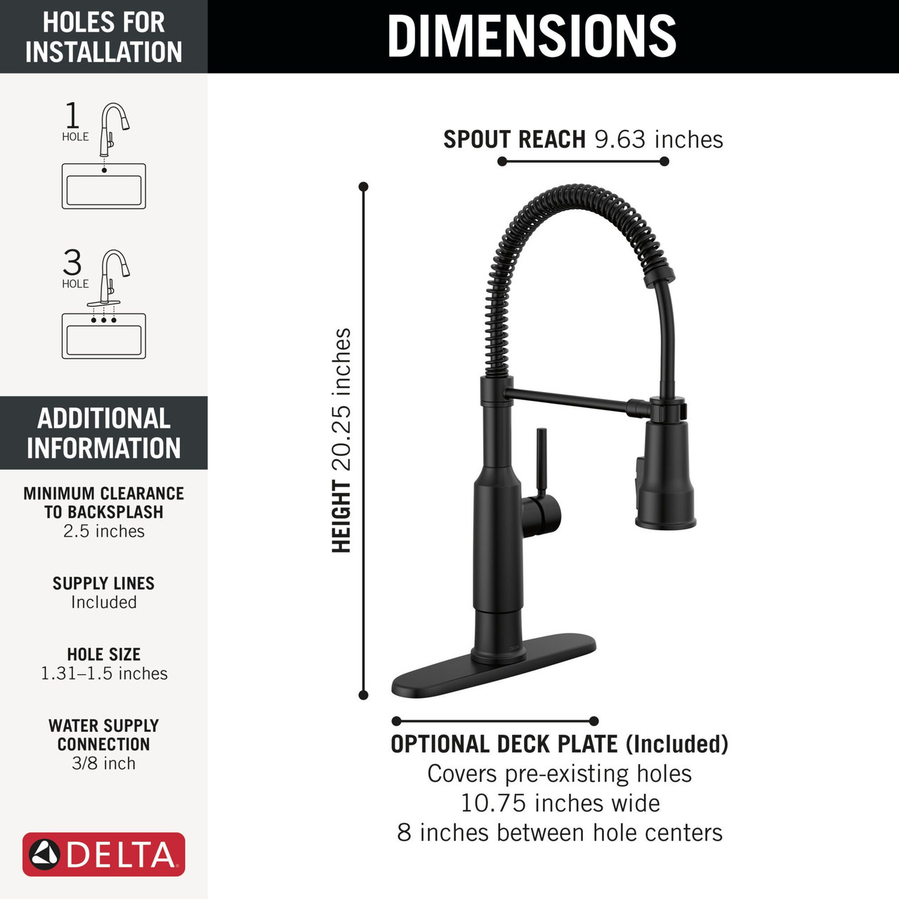 Delta 18804Z-BL-DST Theodora 11.94-in x 10.75-in x 20.25-in Single-Handle Pull-Down Spring Kitchen Faucet, Matte Black