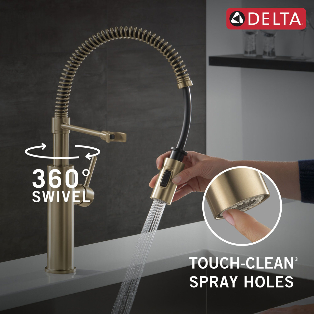 Delta 18803-CZ-DST Antoni 9.00-in x 10.50-in x 19.75-in Single-Handle Pull-Down Spring Kitchen Faucet, Champagne Bronze