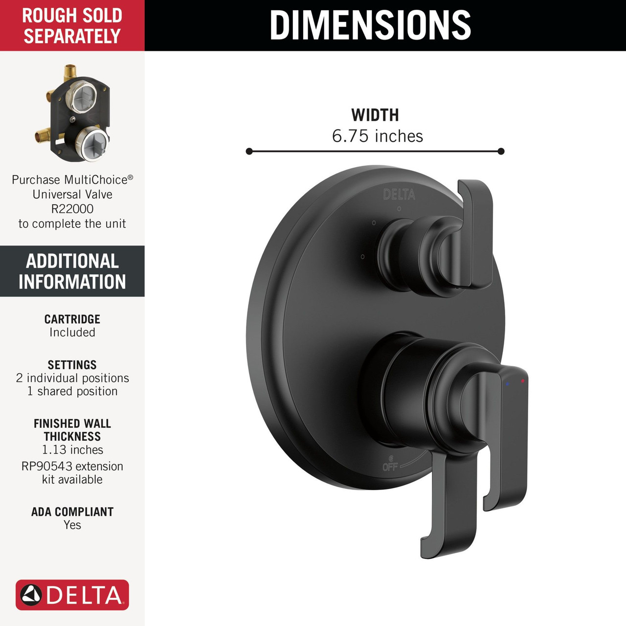 T27889-BL Tetra 17 Series Integrated Diverter Trim with 3-Setting, Matte Black