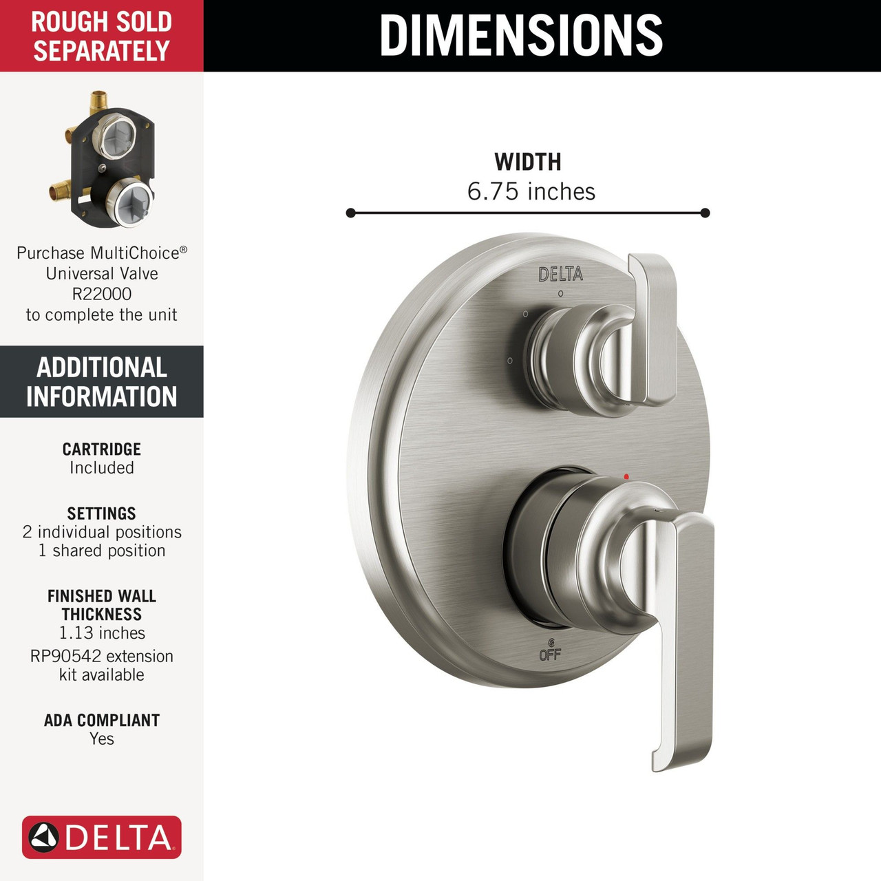 T24889-SS-PR Tetra 14 Series Integrated Diverter Trim with 3-Setting, Lumicoat Stainless
