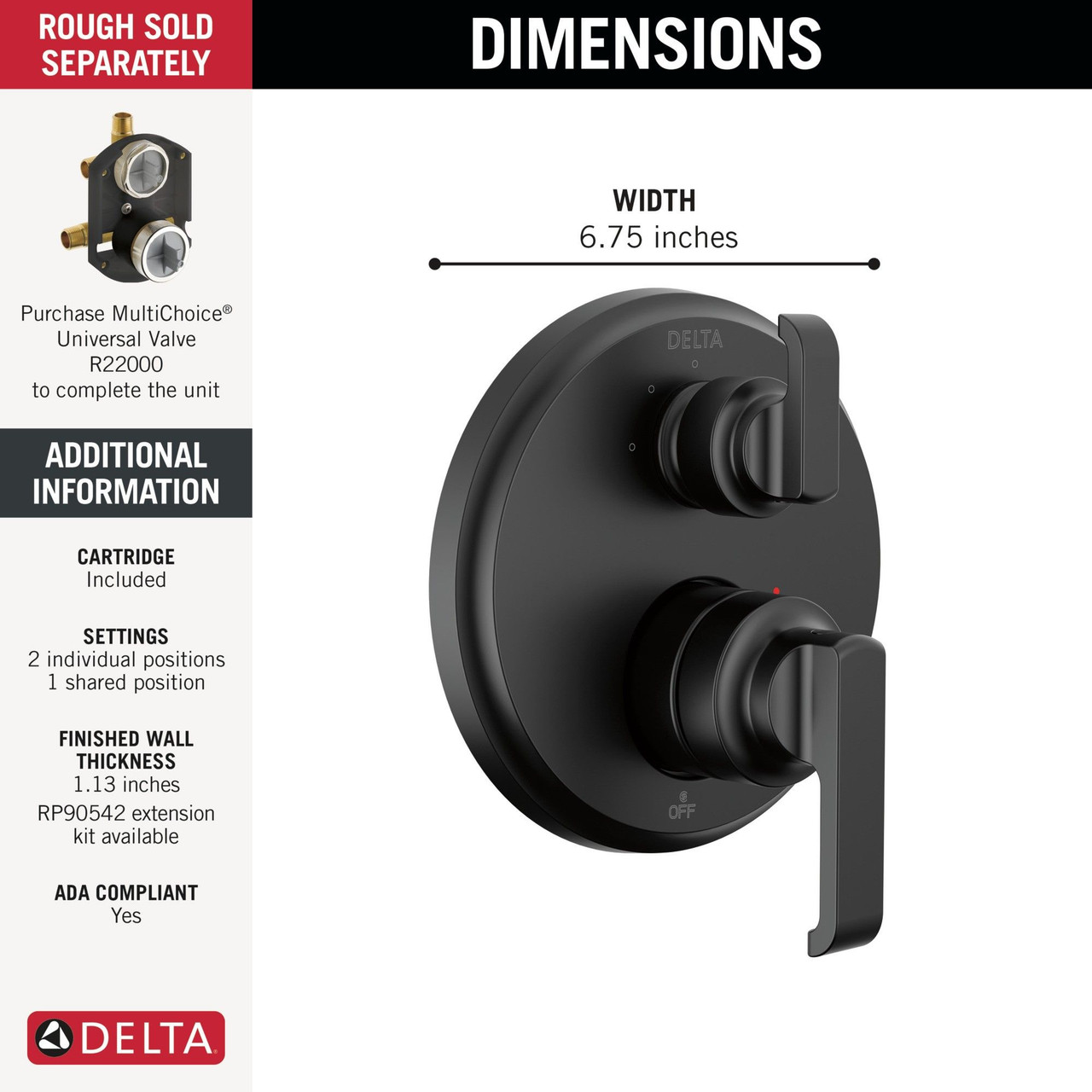 T24889-BL Tetra 14 Series Integrated Diverter Trim with 3-Setting, Matte Black