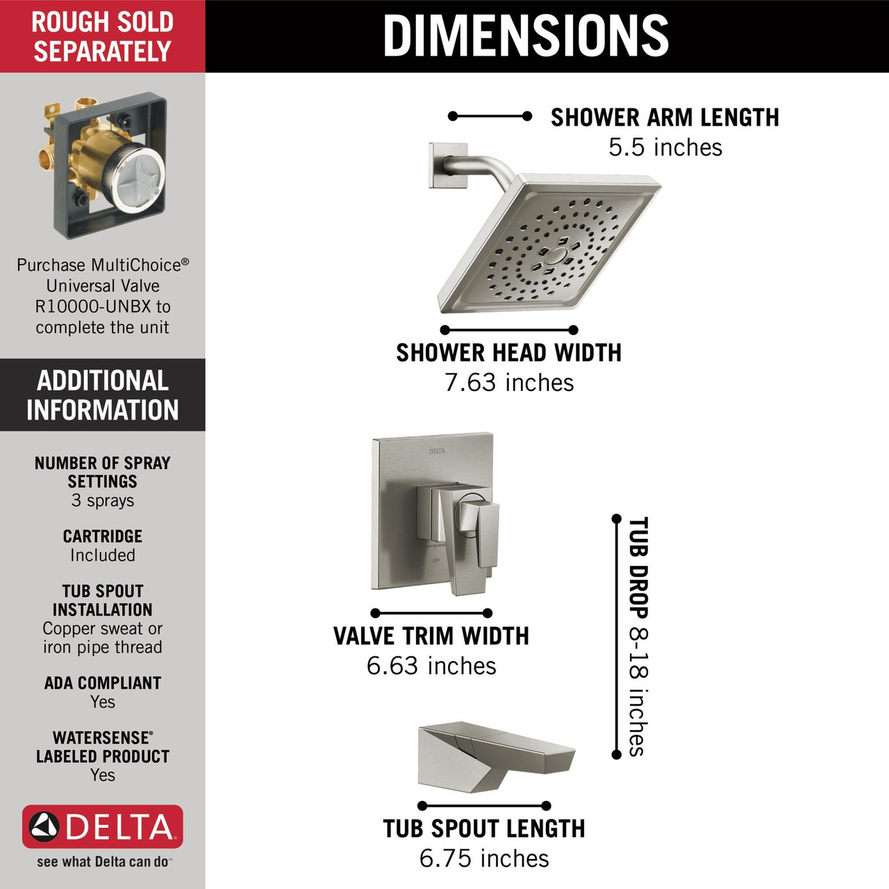 T17443-SS-PR Trillian 17 Series H2Okinetic Tub Shower Trim, Lumicoat Stainless