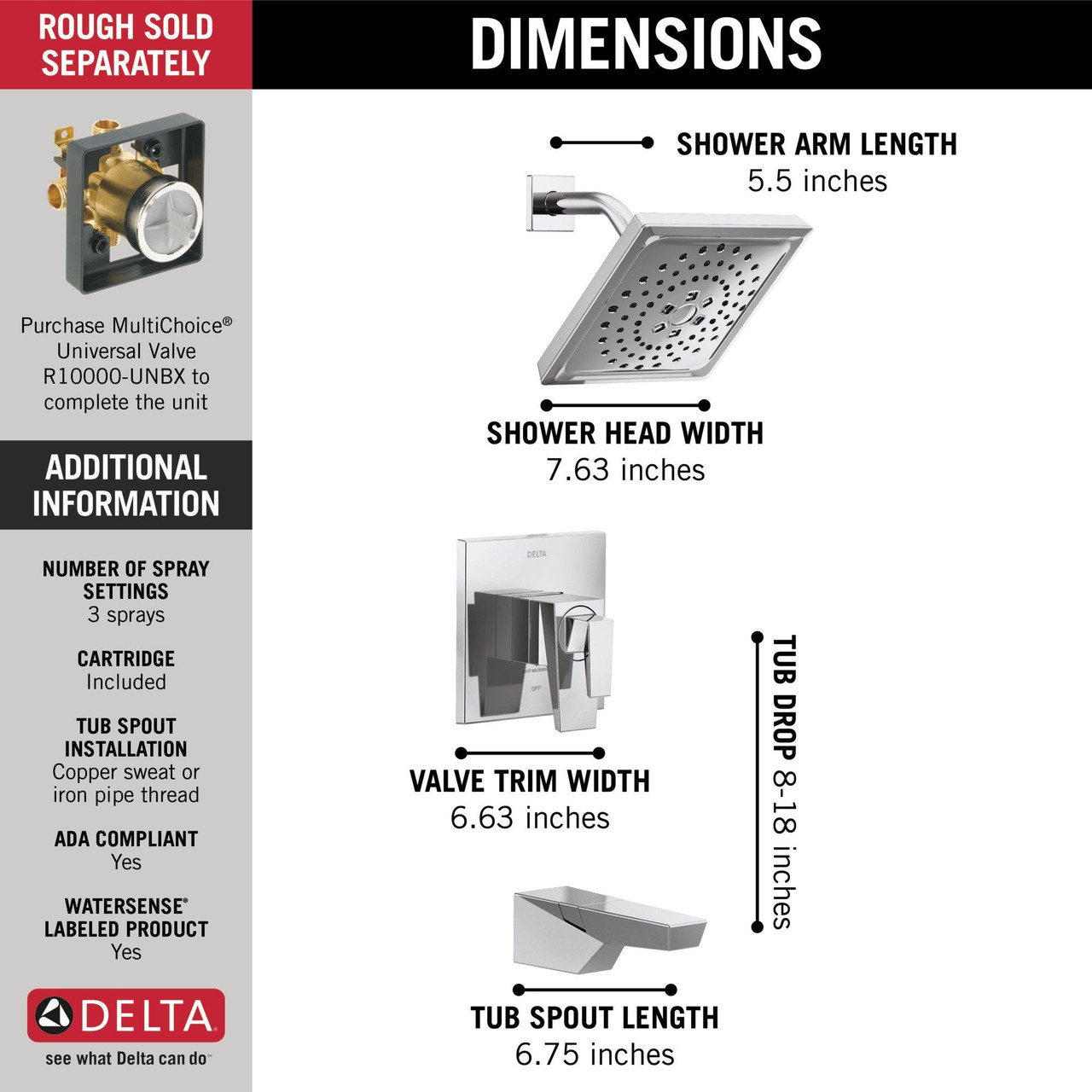 T17443-PR Trillian 17 Series H2Okinetic Tub Shower Trim, Lumicoat Chrome