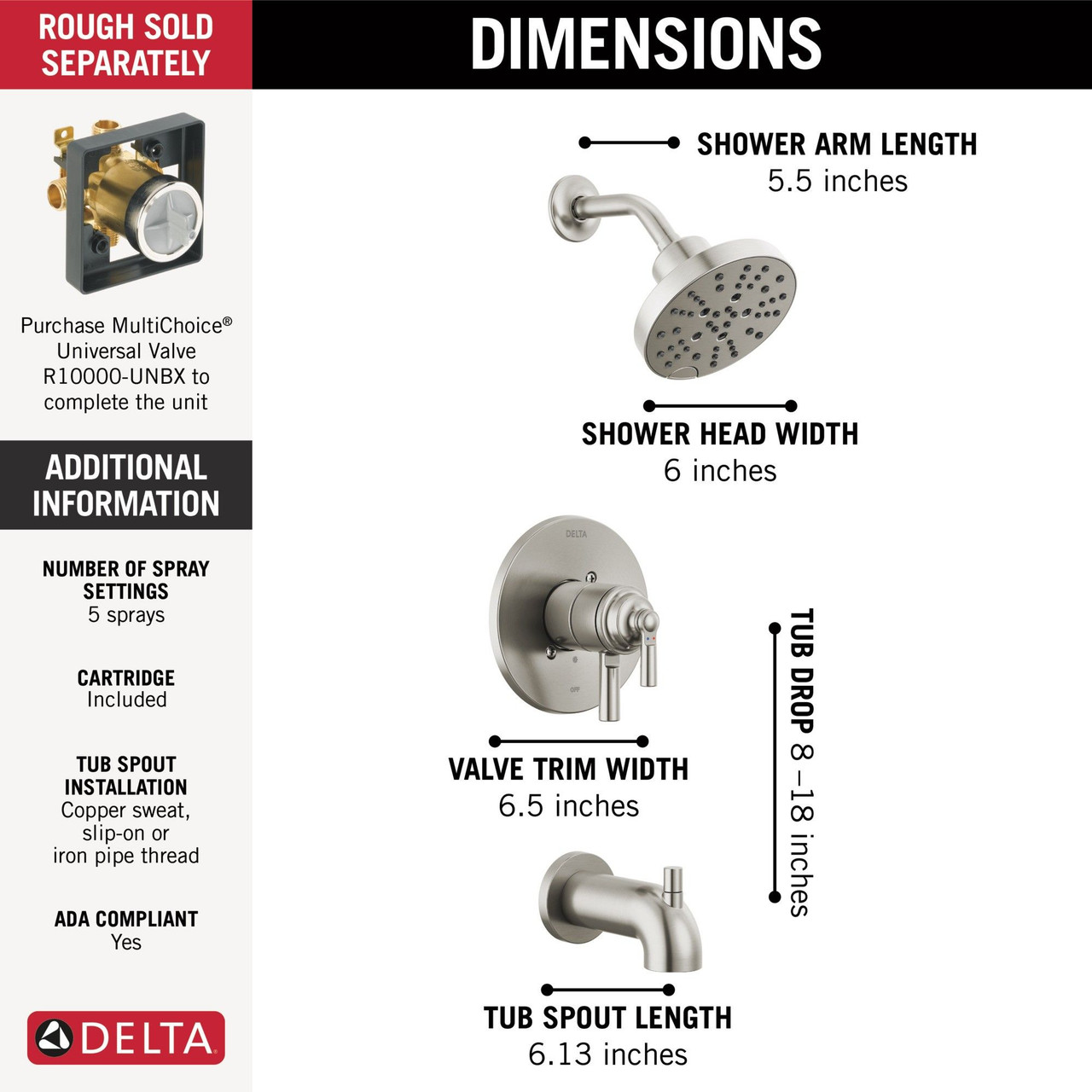 T17435-SS SAYLOR Monitor 17 Series Tub & Shower Trim, Stainless