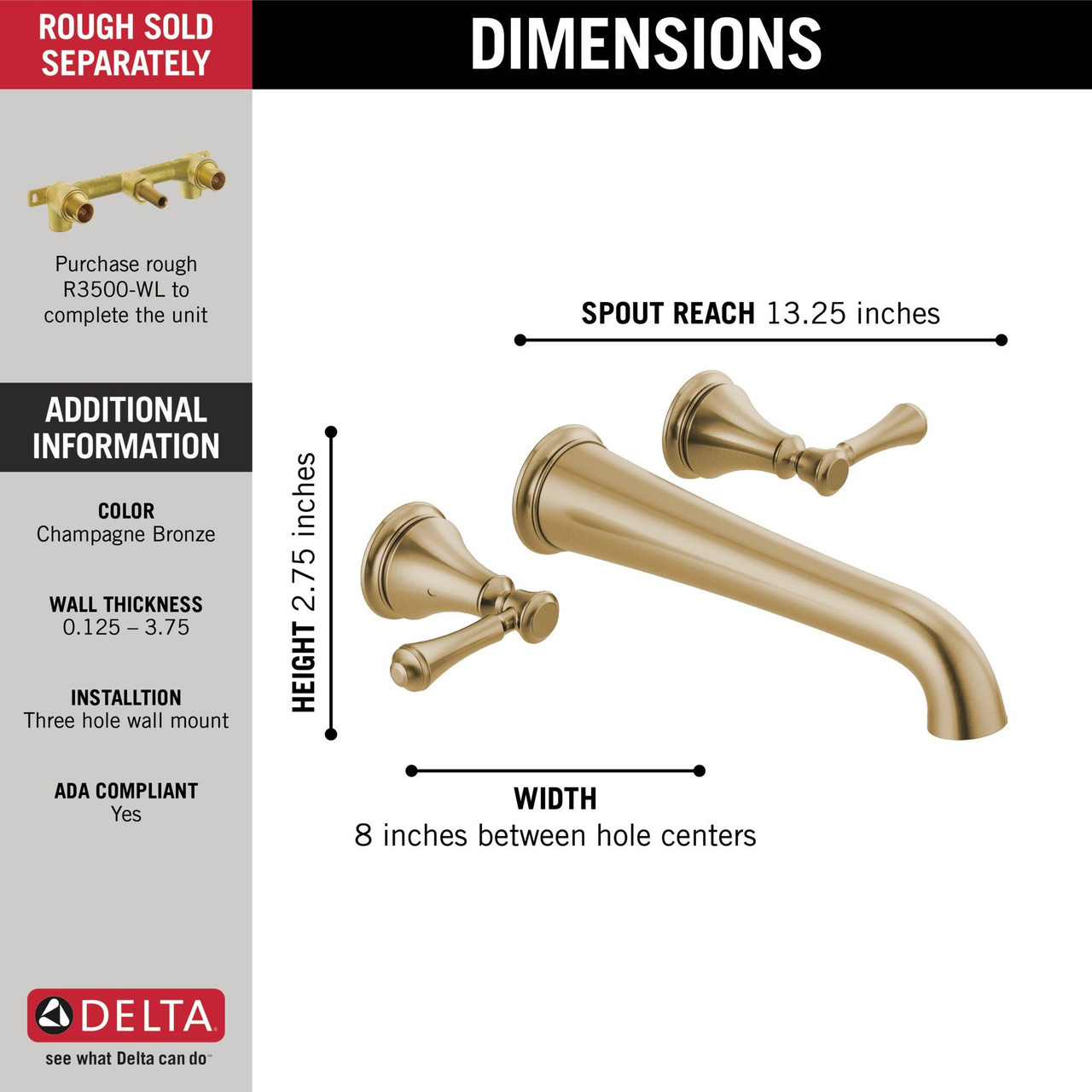 T5797-CZWL Cassidy Delta Cassidy Wall Mounted Tub Filler, Champagne Bronze