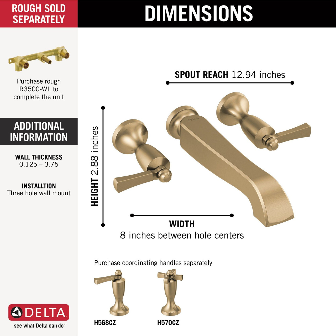 T5756-CZLHP-WL Dorval Delta Dorval Two Handle Wall Mount Tub Filler-Less Handles, Champagne Bronze