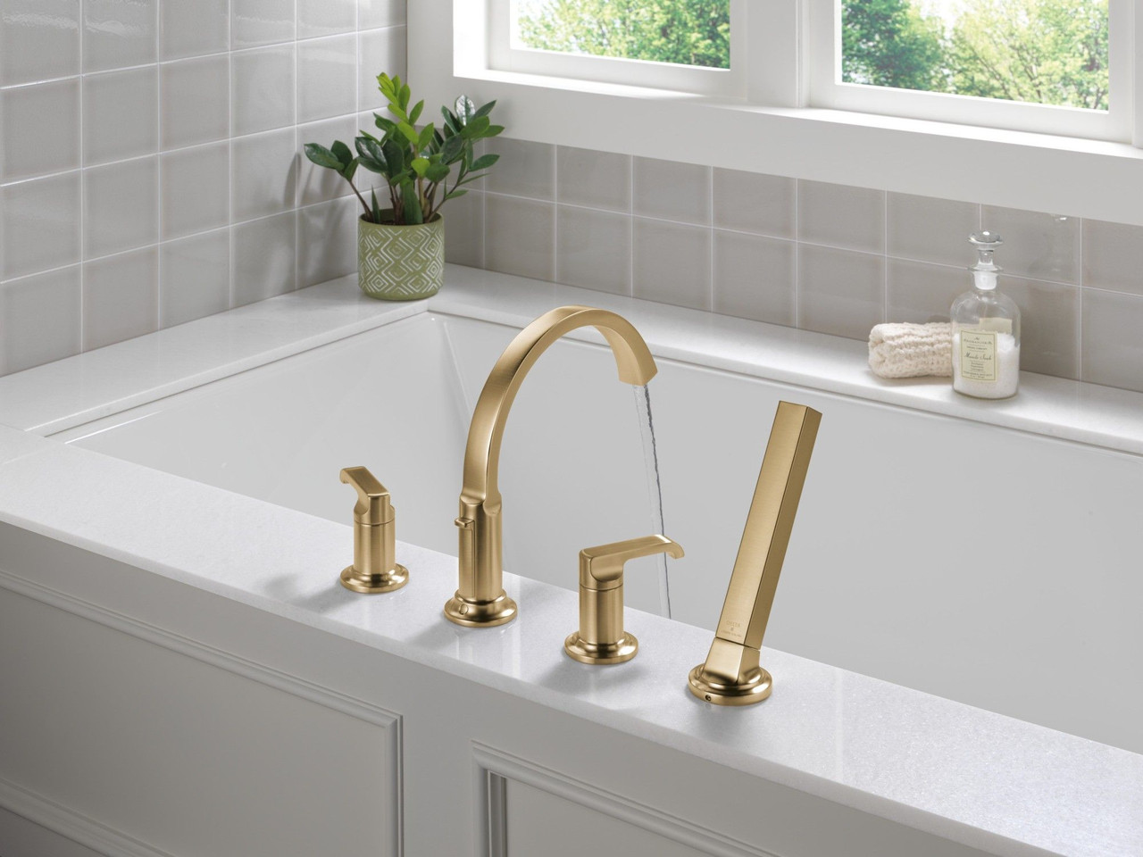 T4788-CZ-PR-LHP Tetra Delta Tetra Roman Tub Trim with Hand Shower, Lumicoat Champagne Bronze