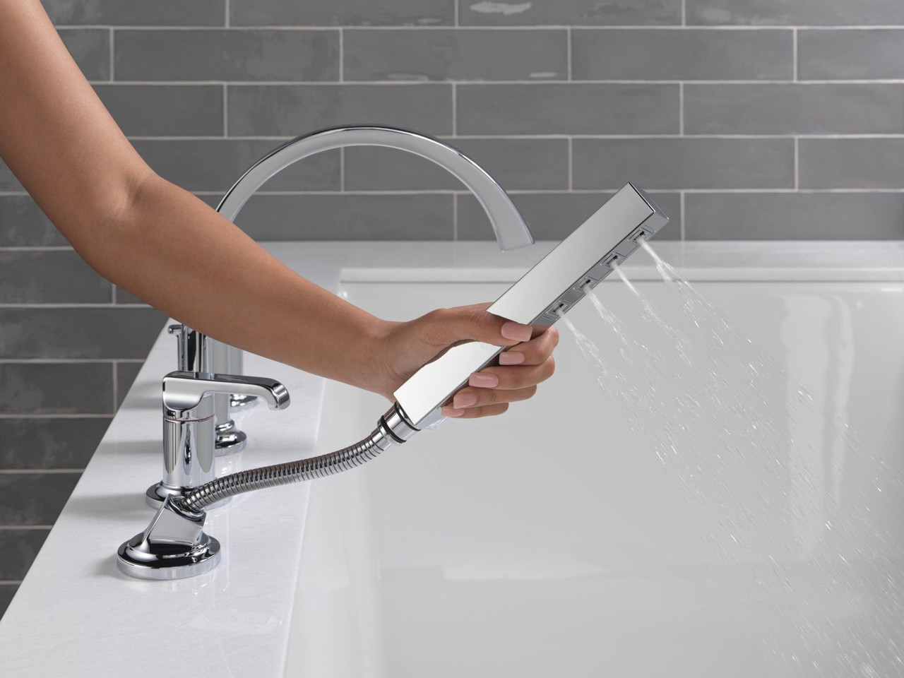 T4788-PR-LHP Tetra Delta Tetra Roman Tub Trim with Hand Shower, Lumicoat Chrome