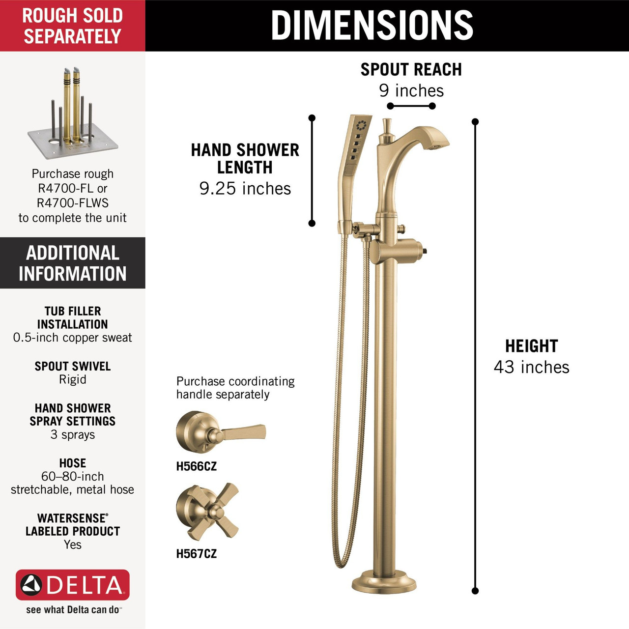 T4756-CZLHP-FL Dorval Delta Dorval Single Handle Floor Mount Tub Filler Trim-Less Handle, Champagne Bronze