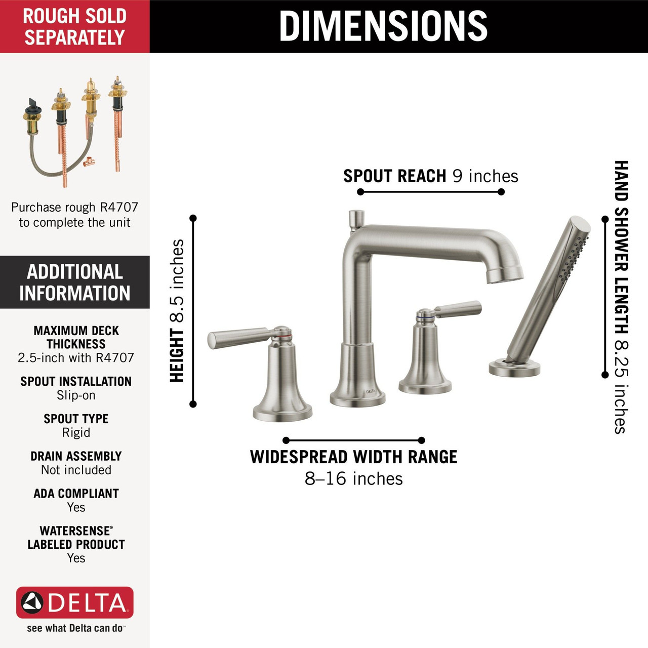 T4736-SS SAYLOR Delta SAYLOR Roman Tub Trim with Hand Shower, Stainless