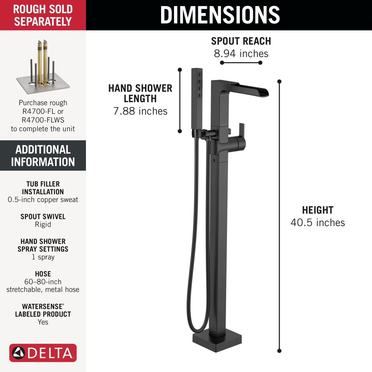 T4768-BLFL Ara Delta Ara Single Handle Floor Mount Channel Spout Tub Filler Trim with Hand Shower, Matte Black