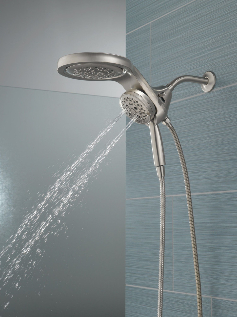 58680-SS-PR Universal Showering Components HydroRain H2Okinetic 5-Setting Two-in-One Shower Head, Lumicoat Stainless