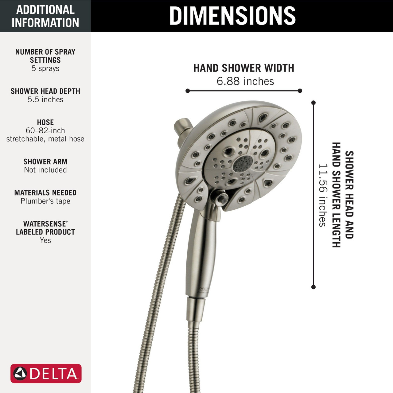 Delta 58480-SS-PR-PK Universal Showering Components H2Okinetic In2ition 5-Setting Two-in-One Shower, Lumicoat Stainless