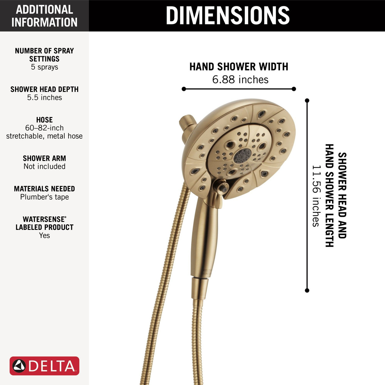 Delta 58480-CZ-PR-PK Universal Showering Components H2Okinetic In2ition 5-Setting Two-In-One Shower, Lumicoat Champagne Bronze
