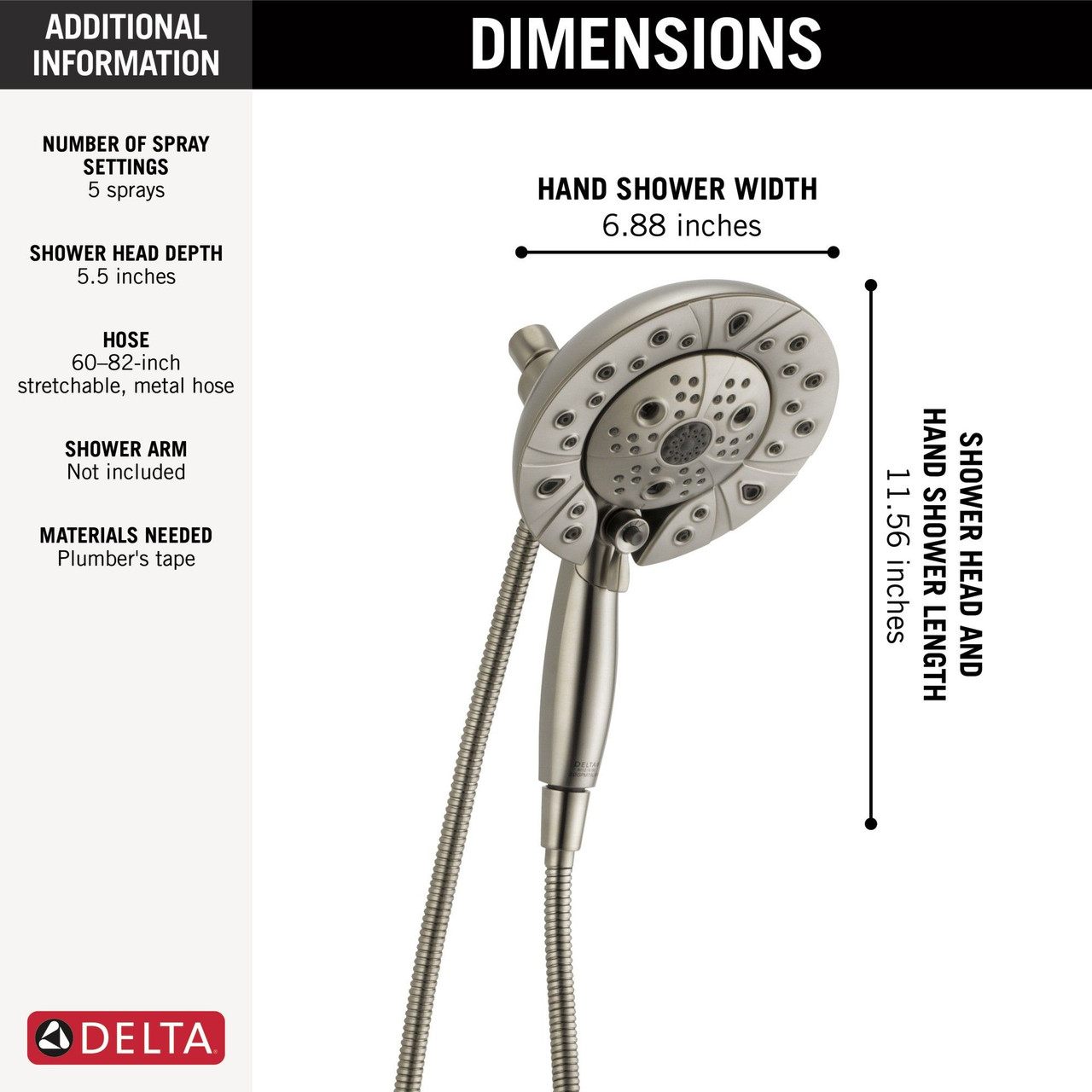 Delta 58480-SS-PR25-PK Universal Showering Components H2Okinetic In2ition 5-Setting Two-In-One Shower, Lumicoat Stainless