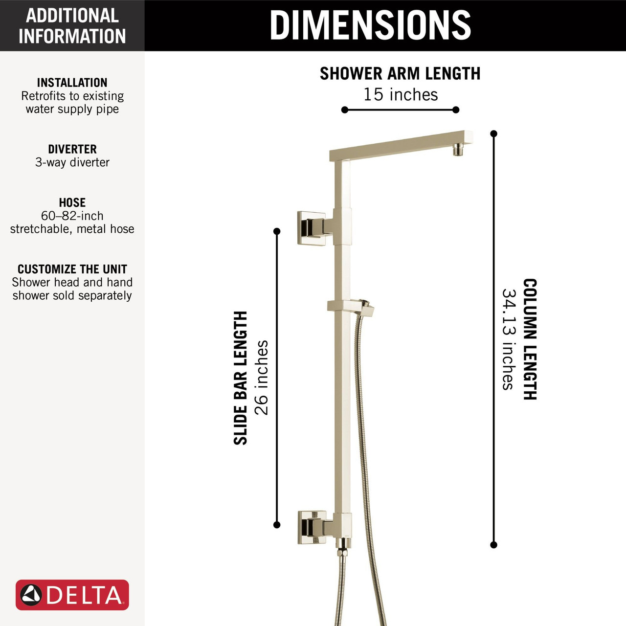 Delta 58420-PN-PR Universal Showering Components Emerge 26" Angular Shower Column, Lumicoat Polished Nickel