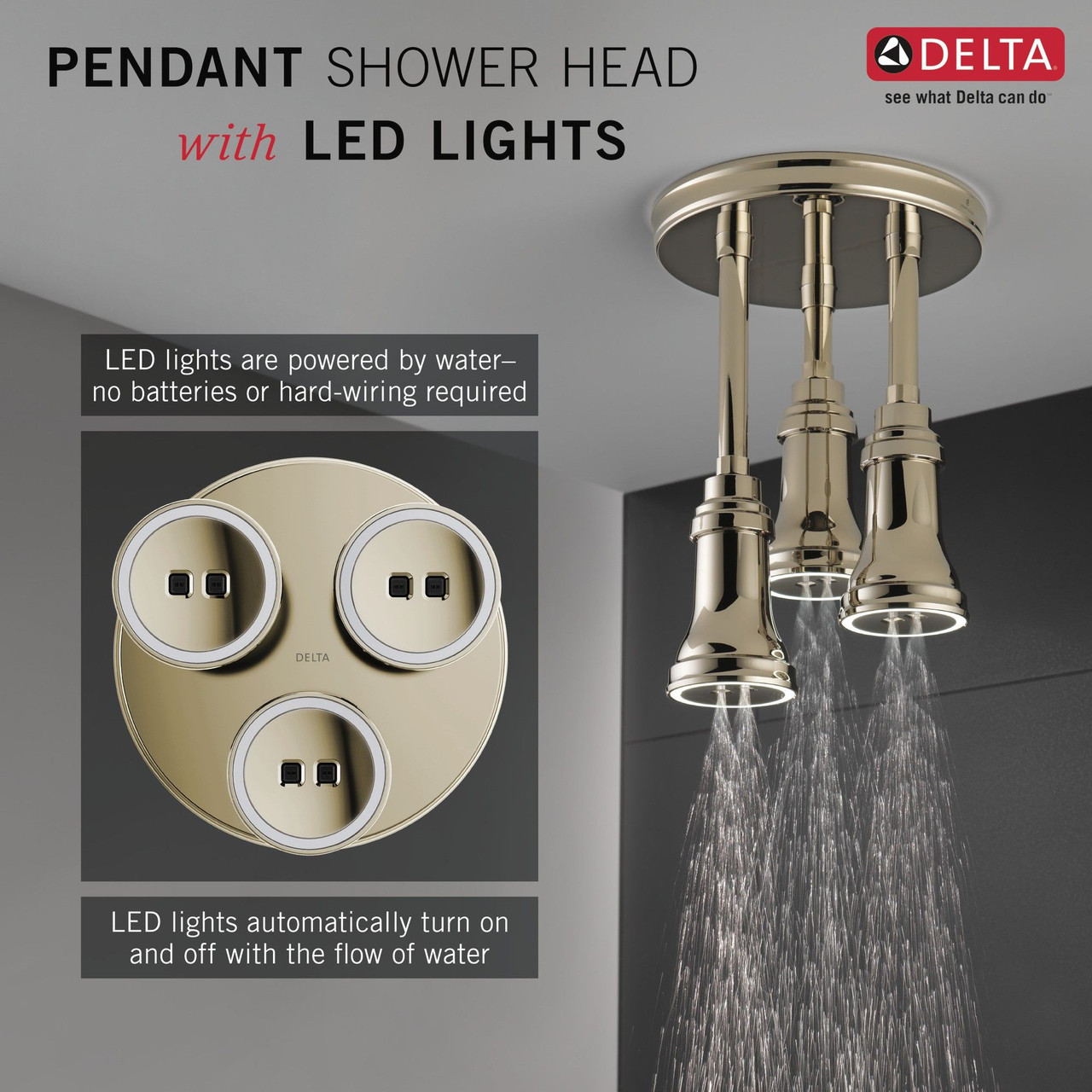 Delta 57190-PN25-L Universal Showering Components H2Okinetic Pendant Raincan Shower Head with LED Light, Polished Nickel