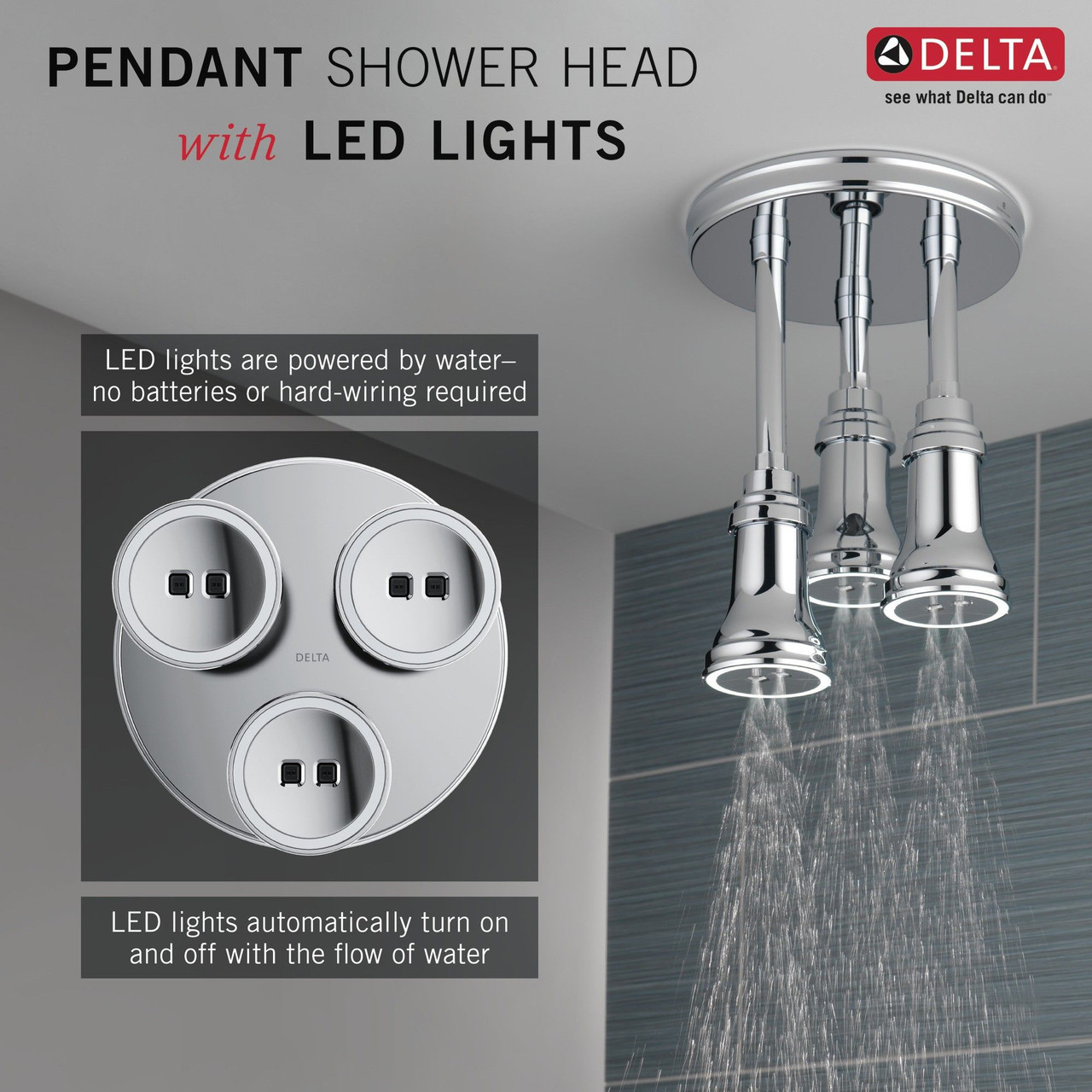 Delta 57190-25-L Universal Showering Components H2Okinetic Pendant Raincan Shower Head with LED Light, Chrome