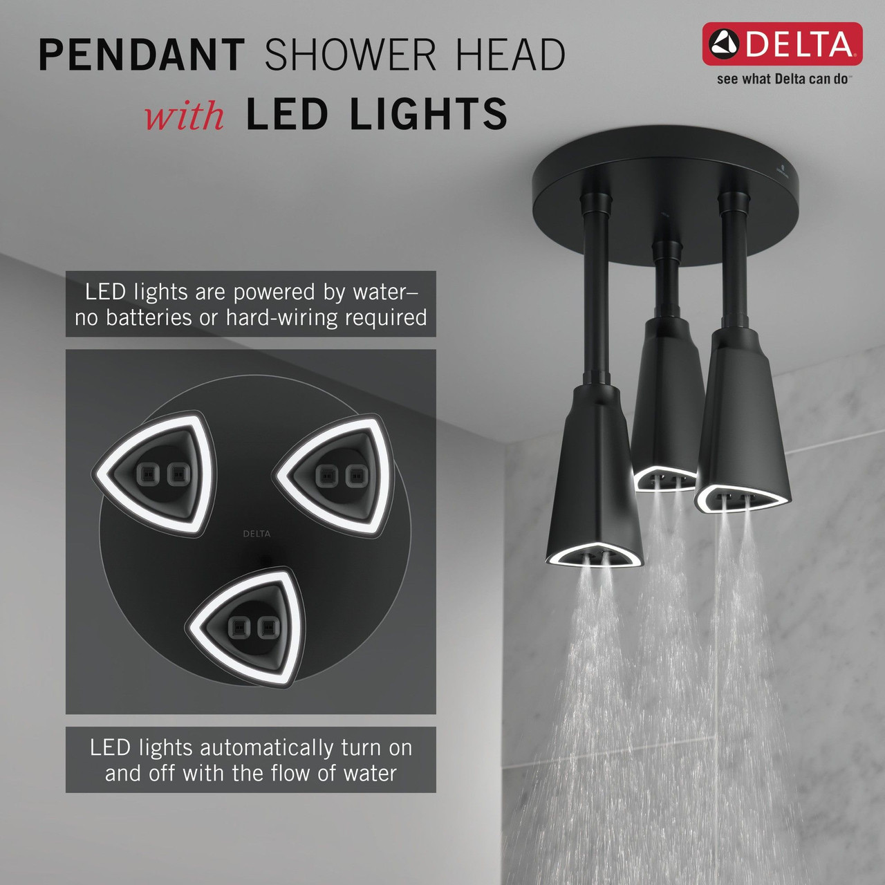 Delta 57140-BL25-L Universal Showering Components H2Okinetic Pendant Raincan Shower Head with LED Light, Matte Black