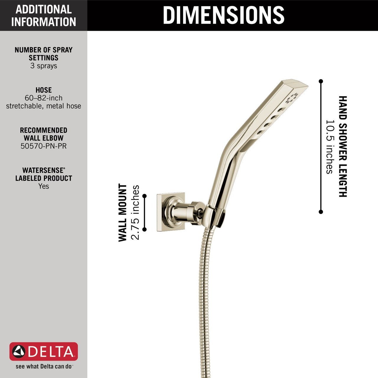 Delta 55799-PN-PR Universal Showering Components H2Okinetic 3-Setting Wall Mount Hand Shower, Lumicoat Polished Nickel