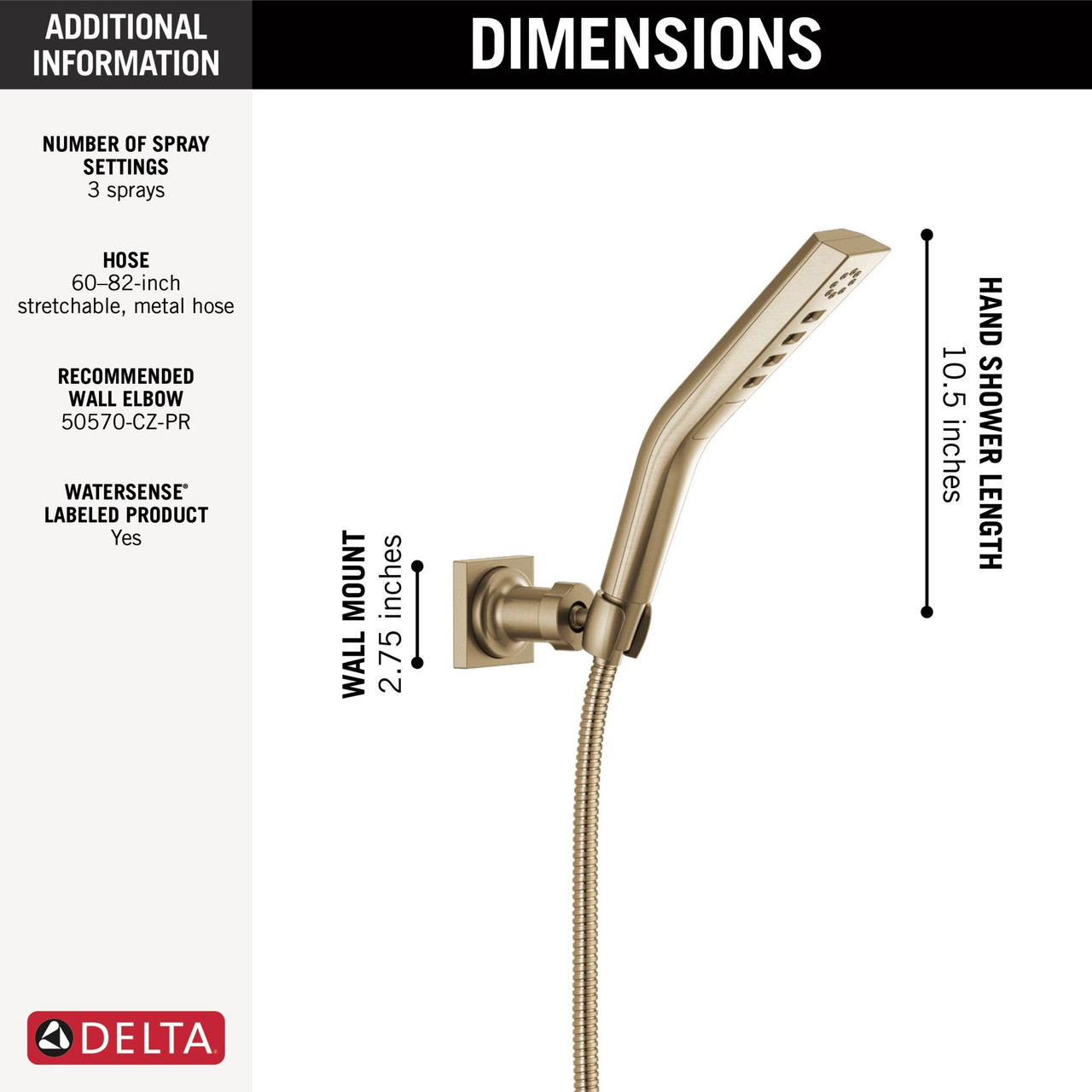 Delta 55799-CZ-PR Universal Showering Components H2O Hand Shower 1.75 GPM Wall-Mount 3S, Lumicoat Champagne Bronze