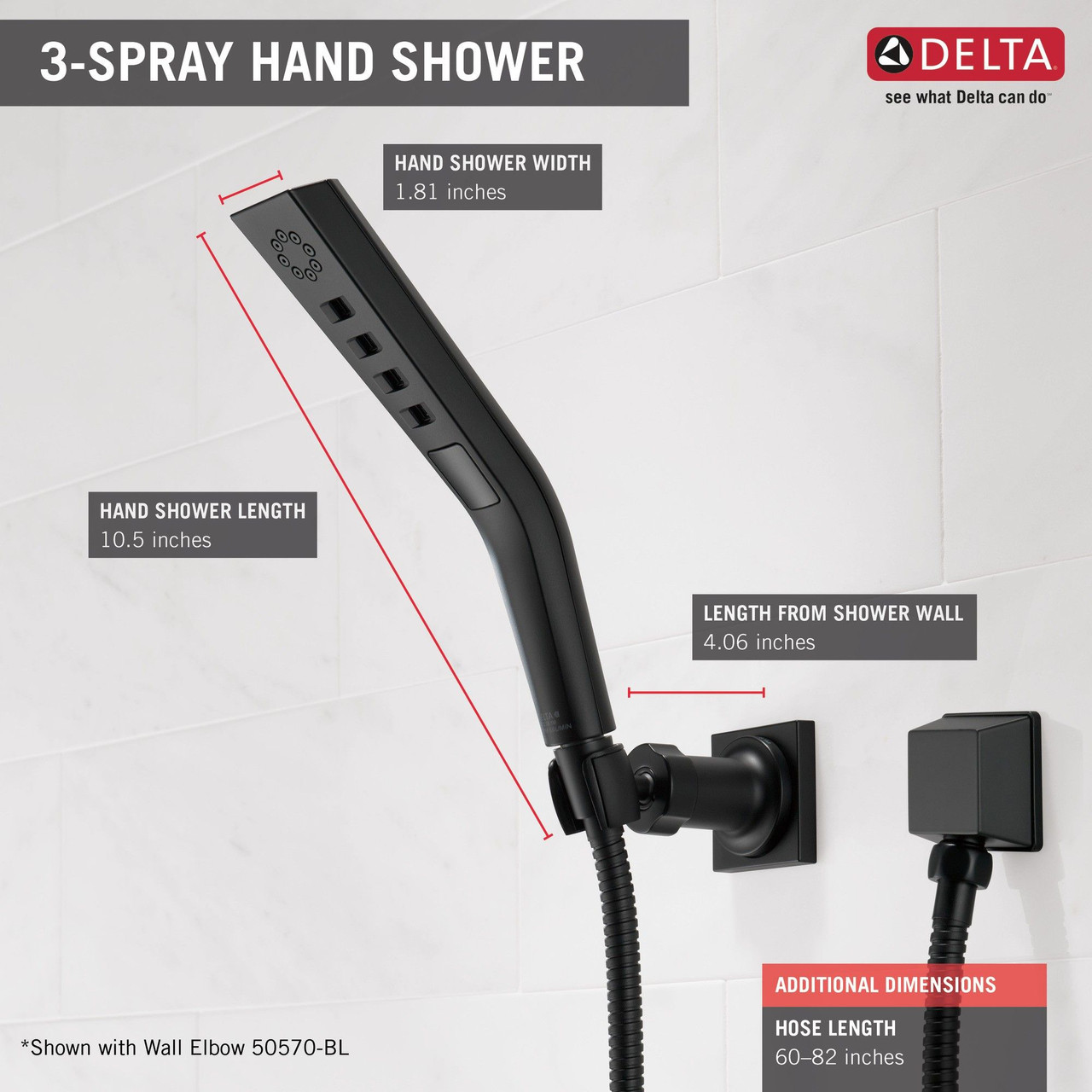 Delta 55799-BL Universal Showering Components H2Okinetic 3-Setting Wall Mount Hand Shower, Matte Black