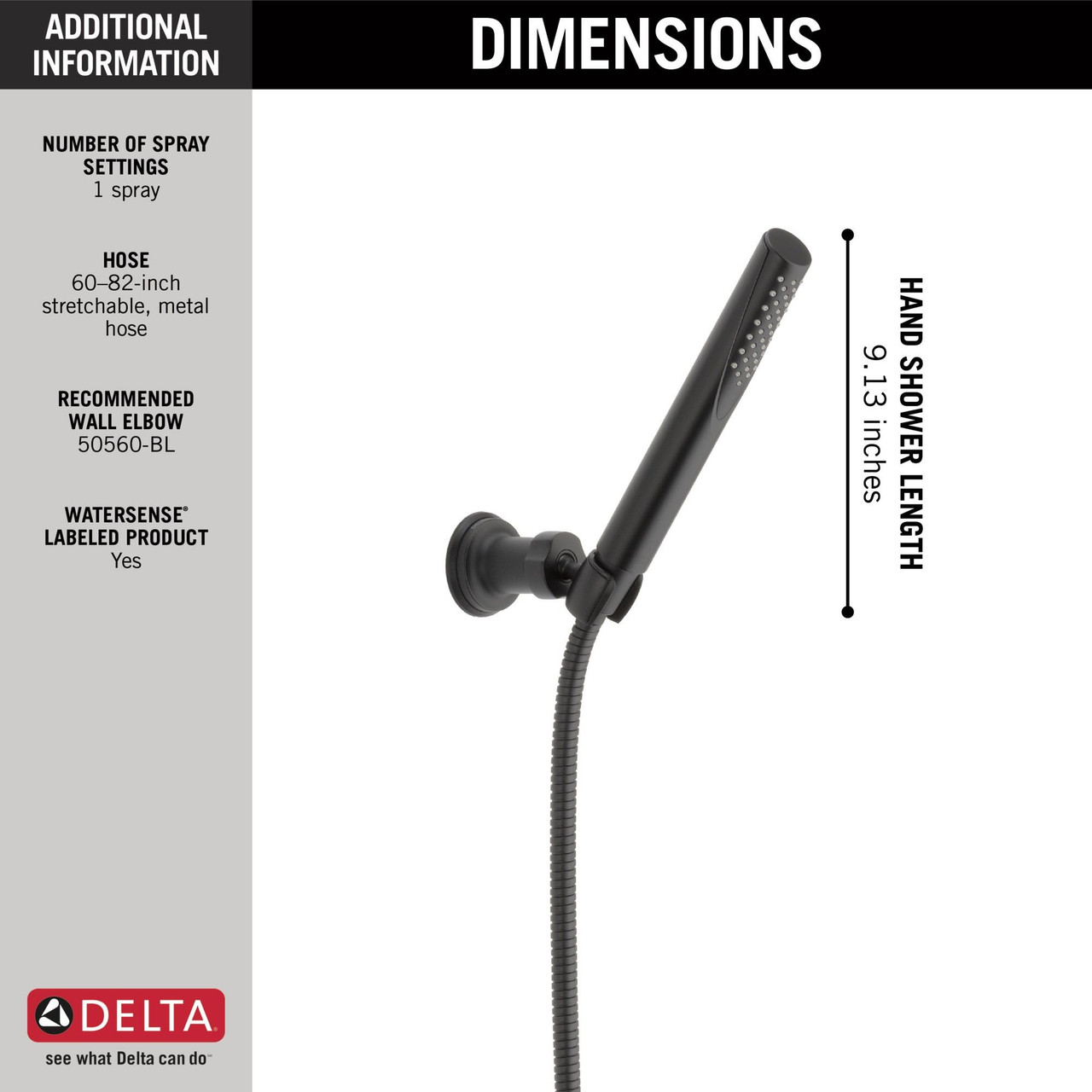 Delta 55085-BL Grail Premium Single-Setting Adjustable Wall Mount Hand Shower, Matte Black