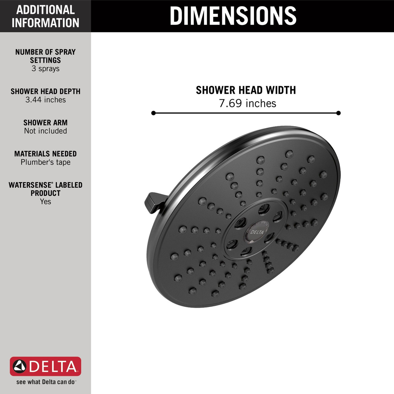 Delta 52688-BL Universal Showering Components H2Okinetic 3-Setting Raincan Shower Head, Matte Black