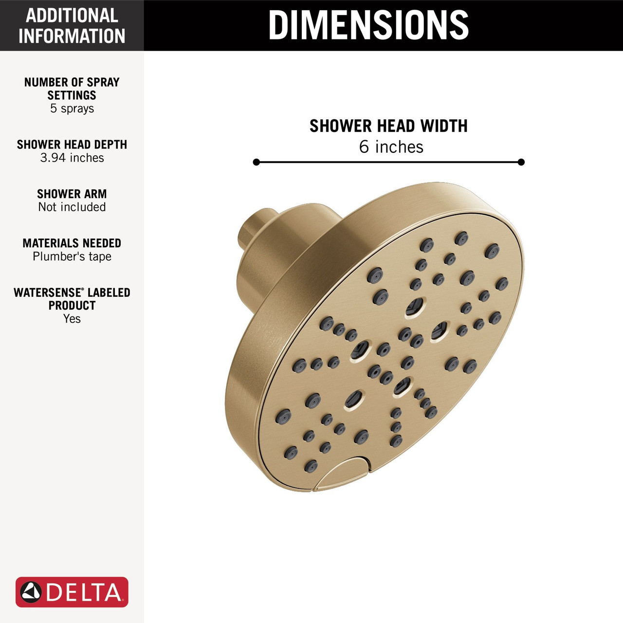 Delta 52668-CZ-PR Universal Showering Components H2Okinetic 5-Setting Contempoary Round Raincan Shower Head, Lumicoat Champagne Bronze