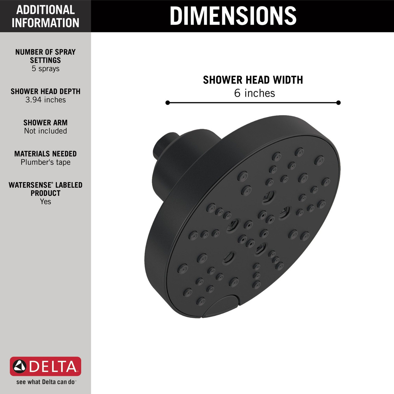 Delta 52668-BL Universal Showering Components H2Okinetic 5-Setting Contemporary Raincan Shower Head, Matte Black