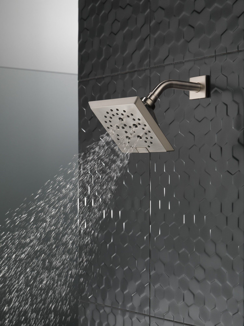 Delta 52664-SS Universal Showering Components H2Okinetic 5-Setting Angular Modern Raincan Shower Head, Stainless