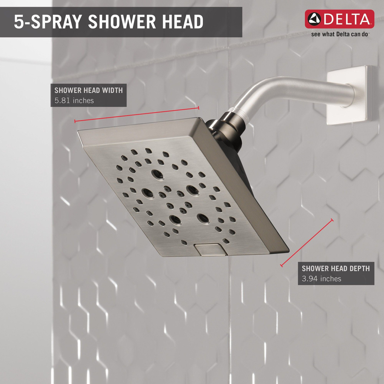 52664-SS Universal Showering Components H2Okinetic 5-Setting Angular Modern Raincan Shower Head, Stainless