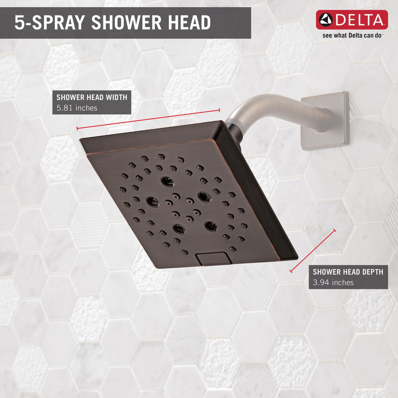Delta 52664-RB Universal Showering Components H2Okinetic 5-Setting Angular Modern Raincan Shower Head, Venetian Bronze