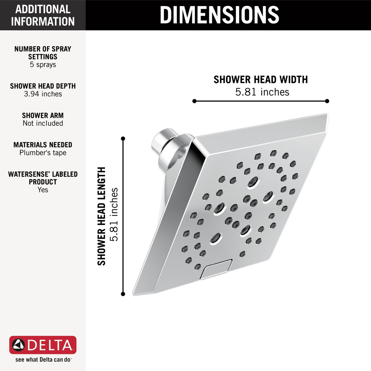 Delta 52664-PR Universal Showering Components H2Okinetic 5-Setting Angular Modern Raincan Shower Head, Lumicoat Chrome