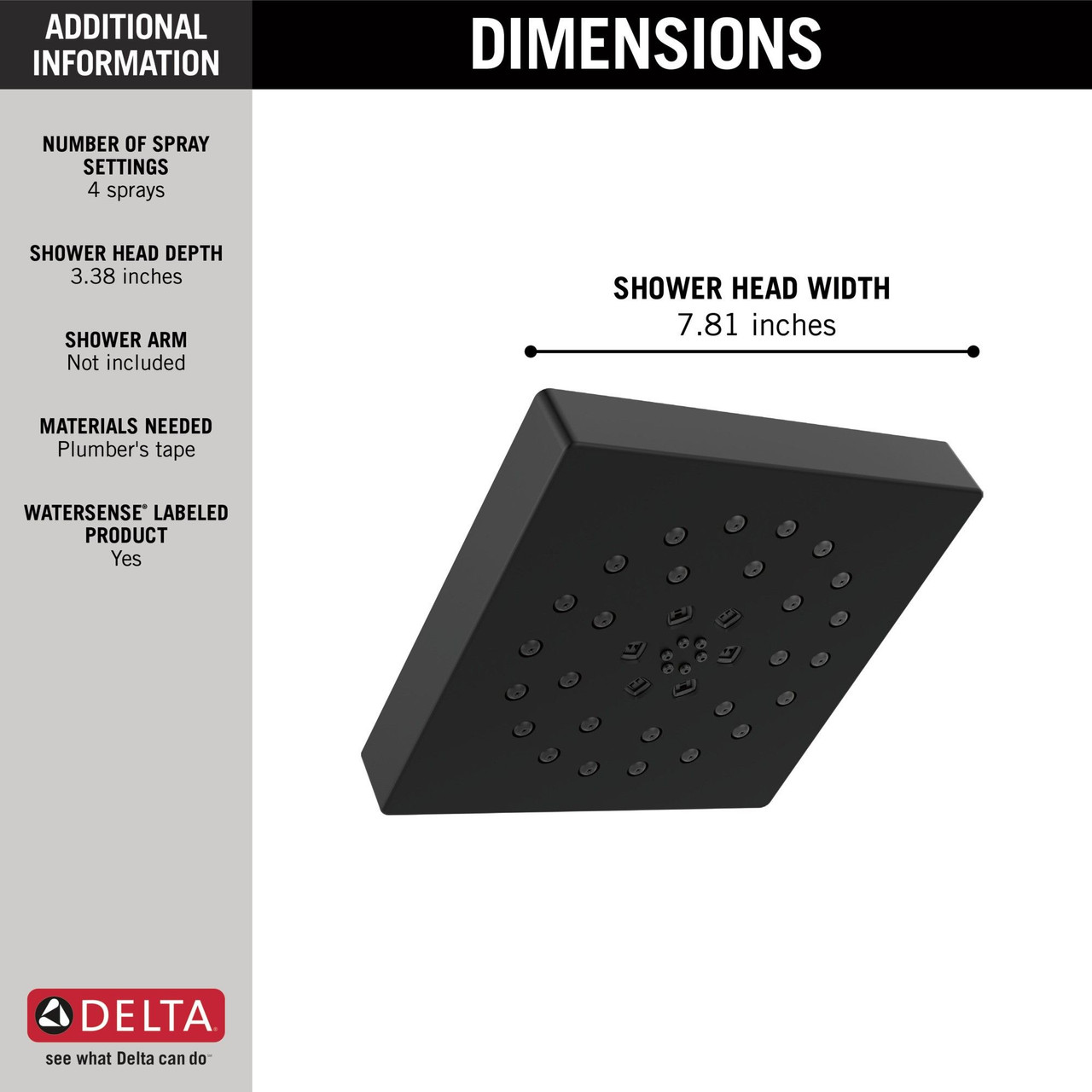 Delta 52484-BL Universal Showering Components H2Okinetic 4-Setting Shower Head with UltraSoak, Matte Black