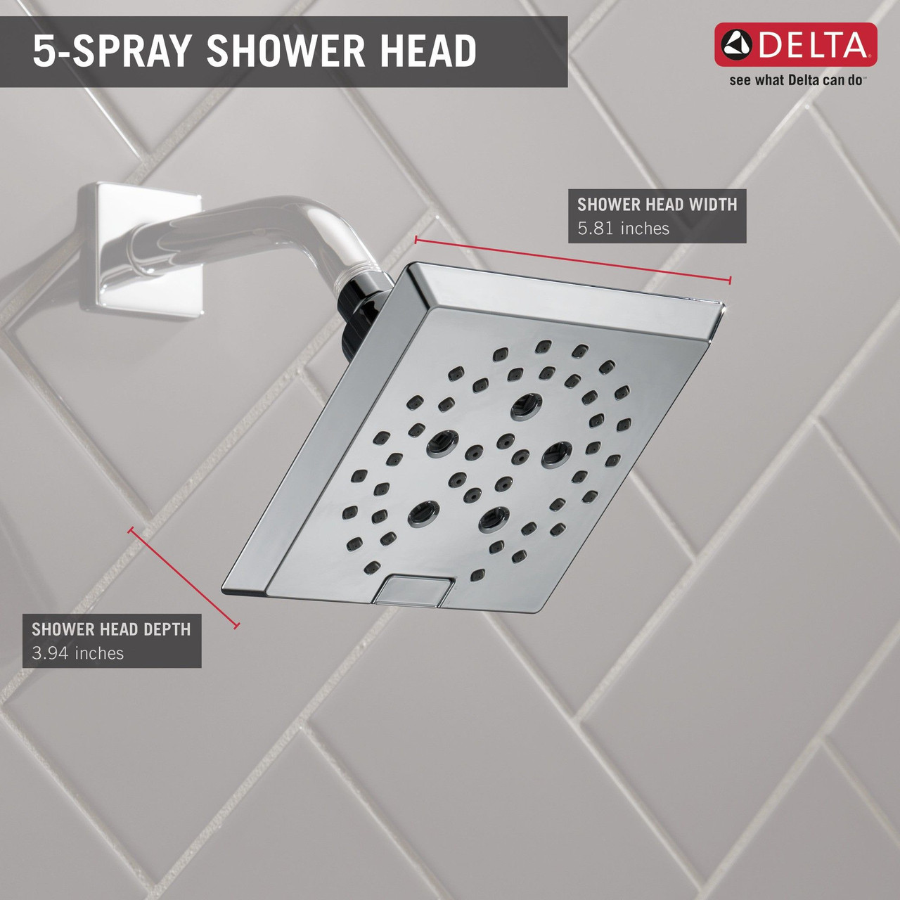 52664Universal Showering Components H2Okinetic 5-Setting Angular Modern Raincan Shower Head, Chrome