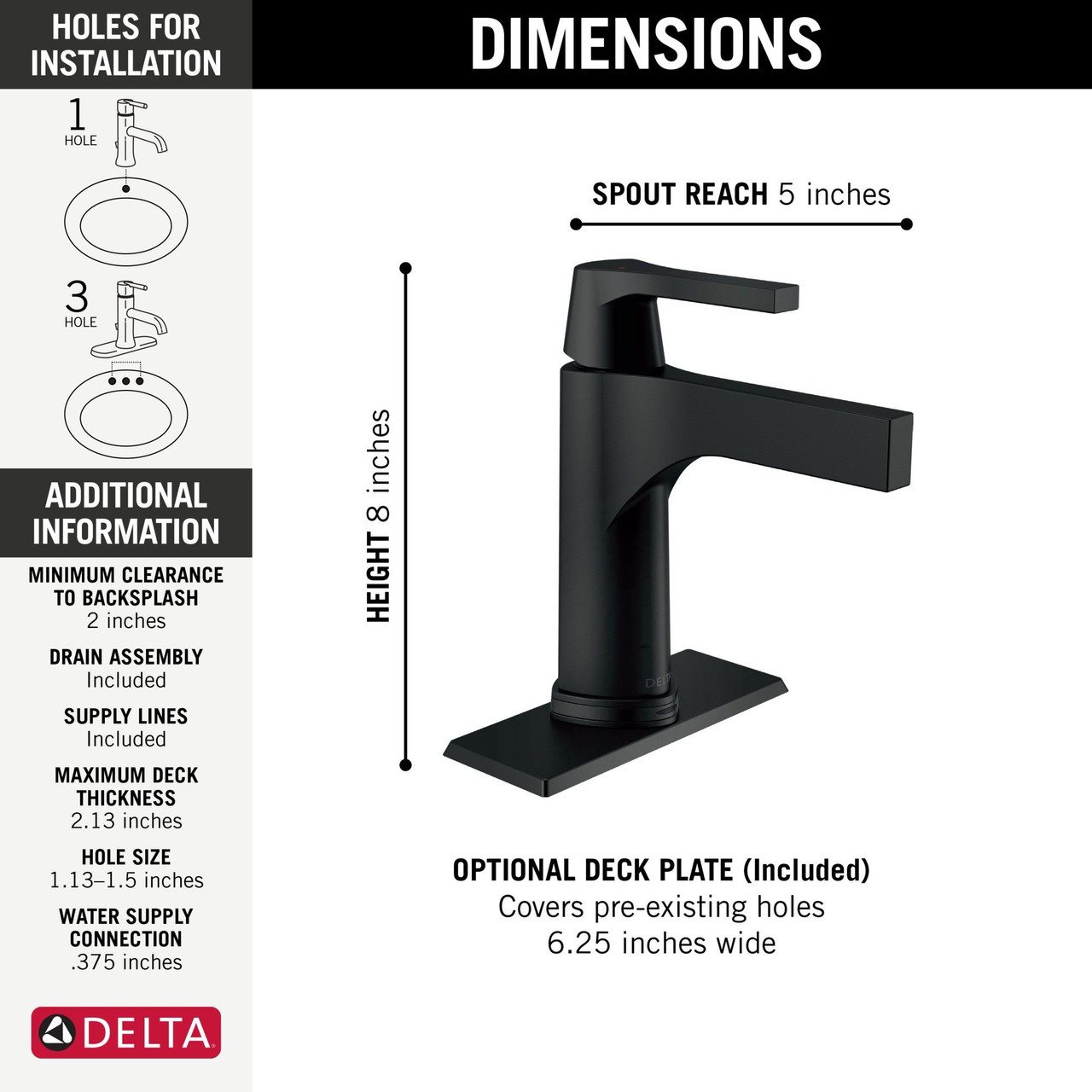Delta 574T-BL-DST Zura Single Handle Bathroom Faucet with Touch2O Technology, Matte Black