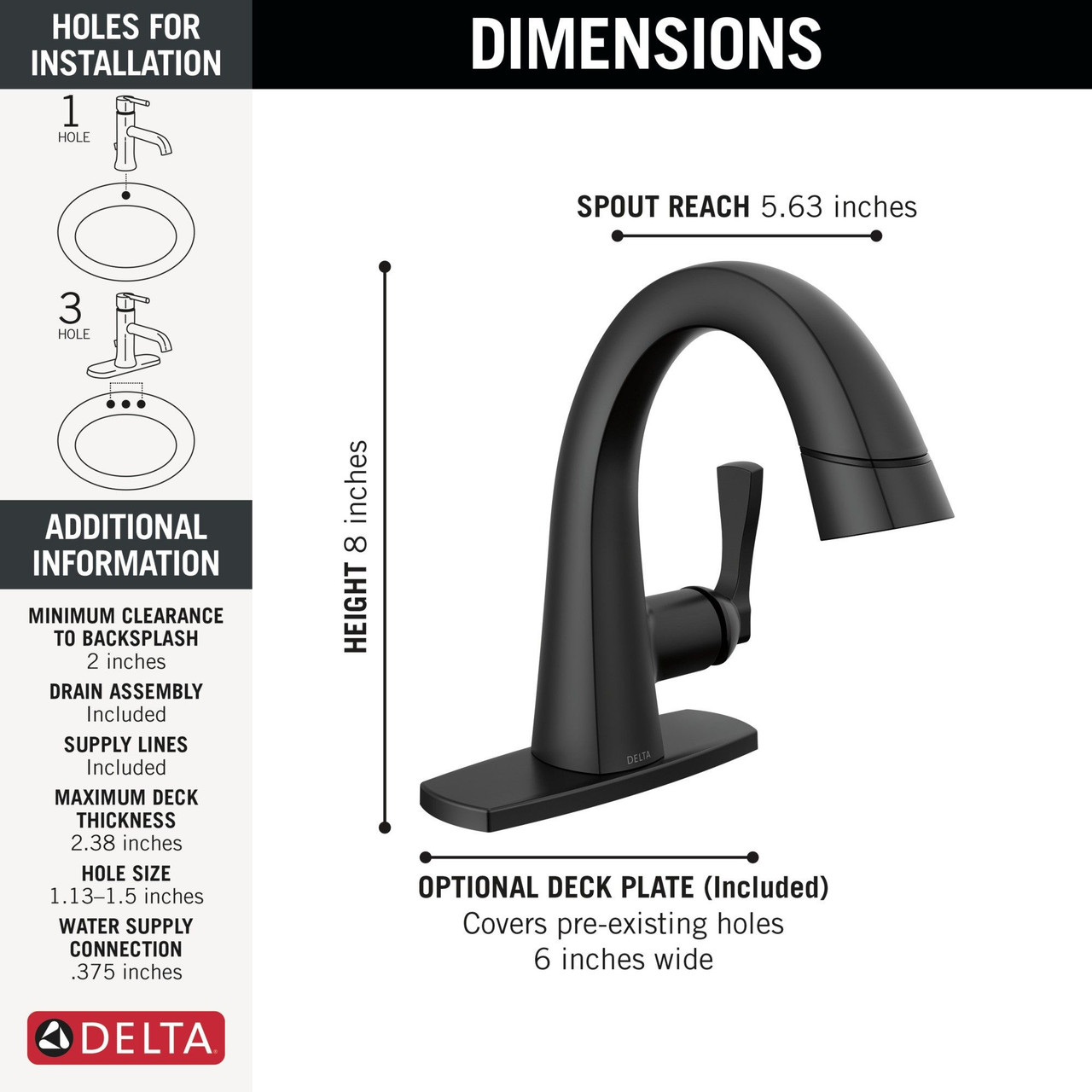 Delta 577-BLPD-DST Stryke Single Handle Pull Down Bathroom Faucet, Matte Black