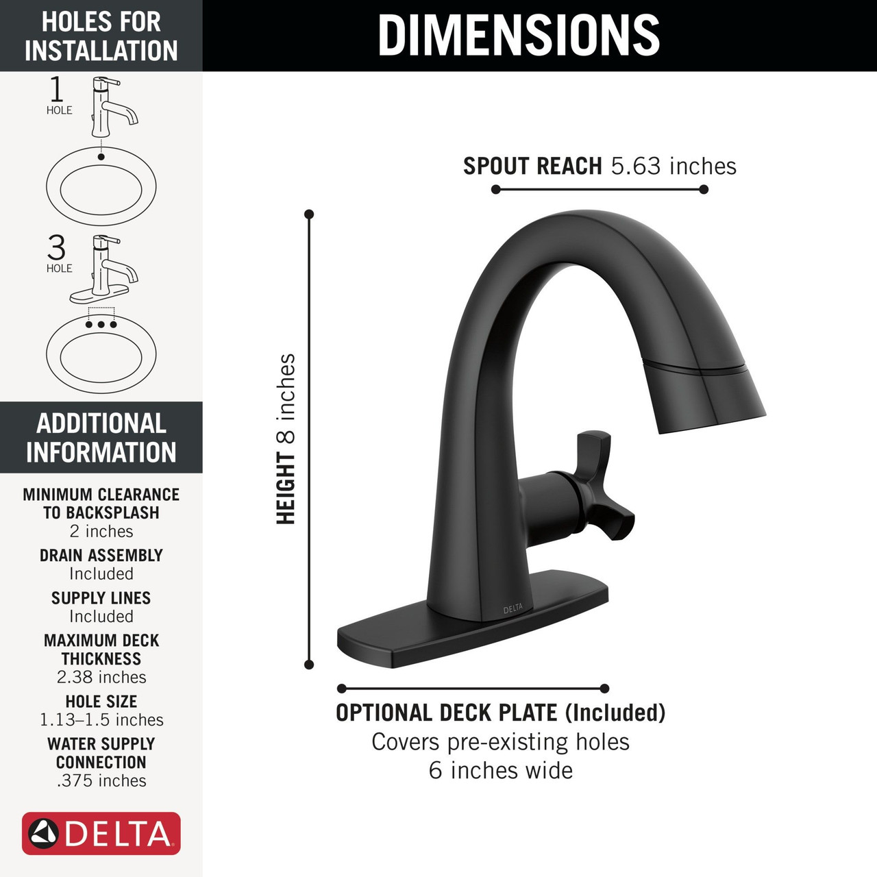 Delta 5776-BLPD-DST Stryke Single Handle Pull Down Bathroom Faucet, Matte Black