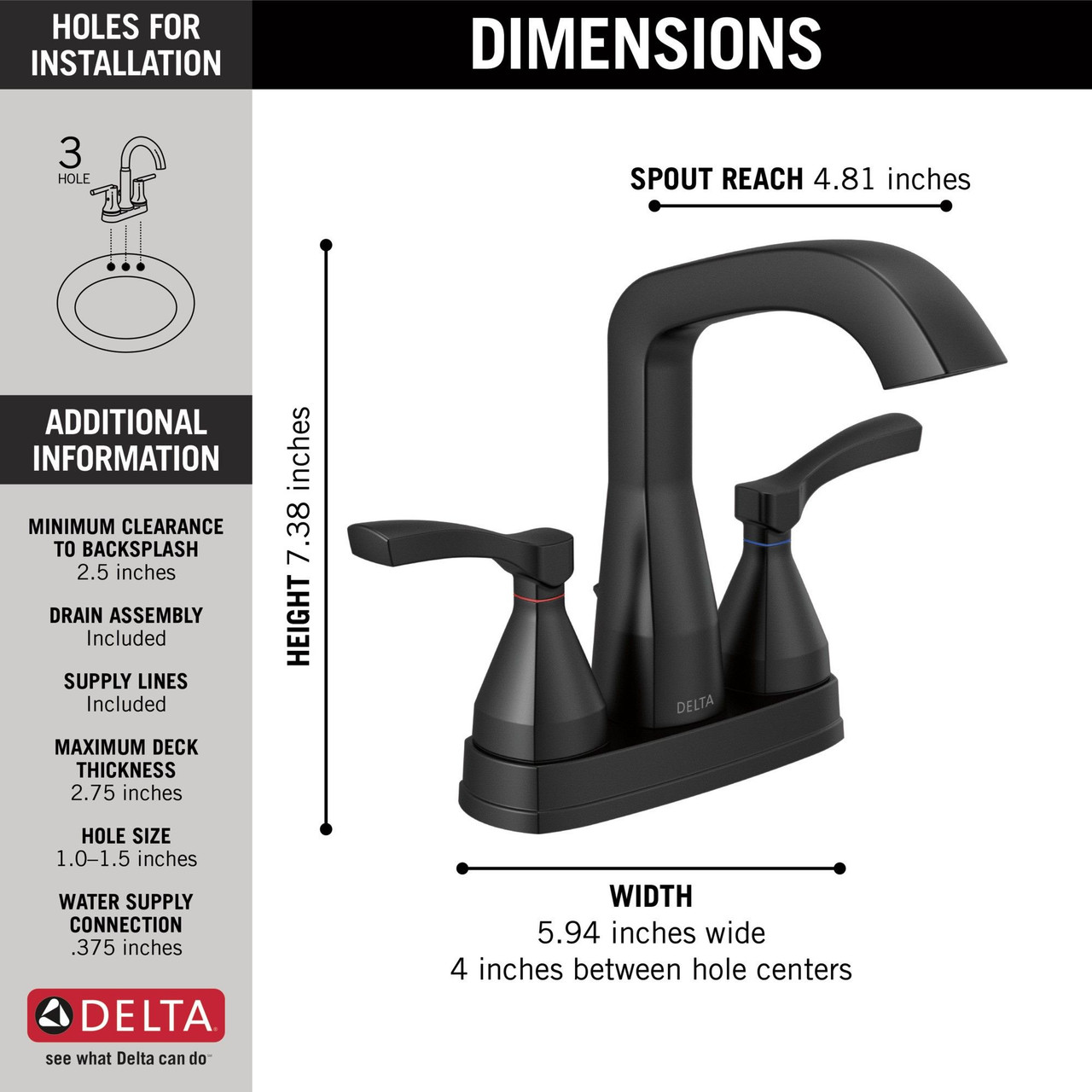 Delta 25776-BLMPU-DST Stryke Centerset Faucet, Matte Black