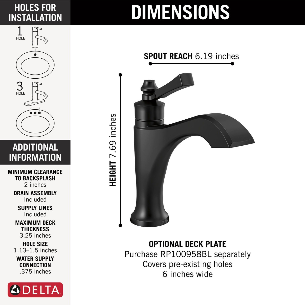 Delta 556-BLMPU-DST Dorval Single Handle Bathroom Faucet, Matte Black