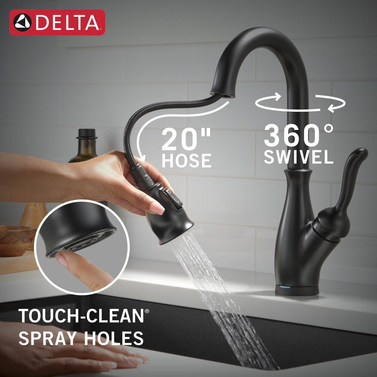 9678T-BL-DST Leland Single Handle Pull Down Bar or Prep Faucet with Touch2O Technology, Matte Black