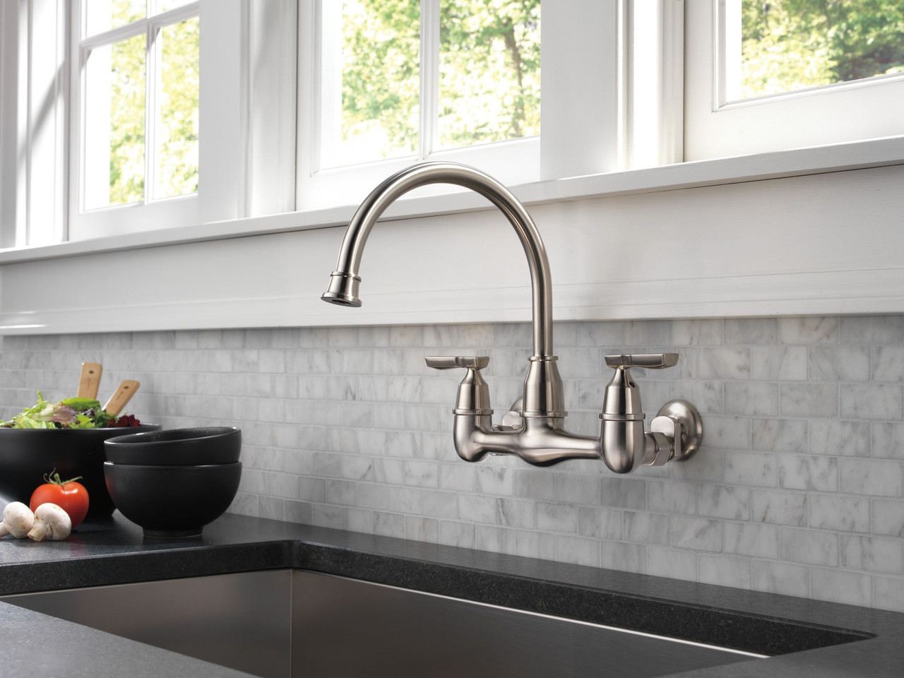 Delta 22722LF-SS Corin Two Handle Wall Mounted Kitchen Faucet, Stainless