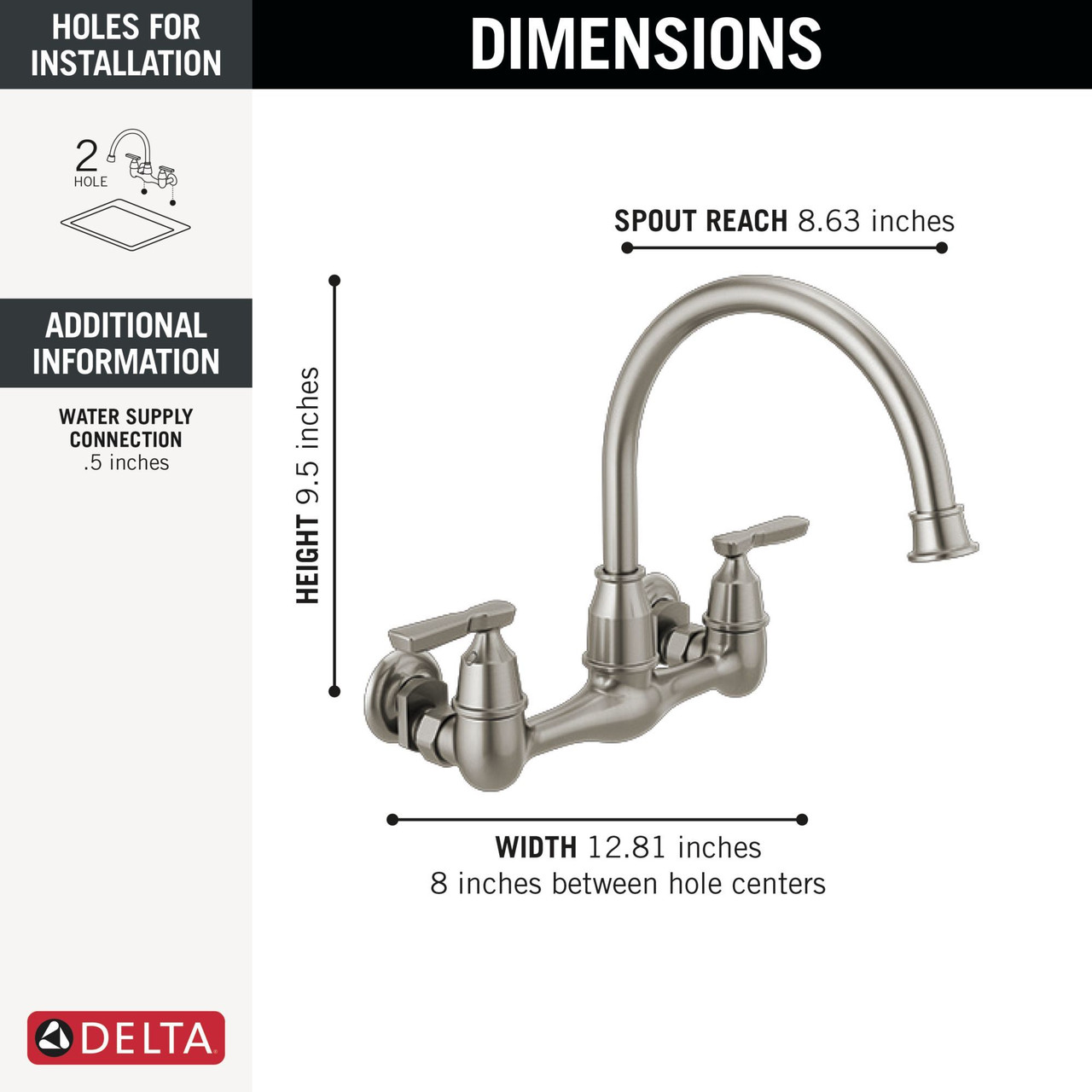 Delta 22722LF-SS Corin Two Handle Wall Mounted Kitchen Faucet, Stainless