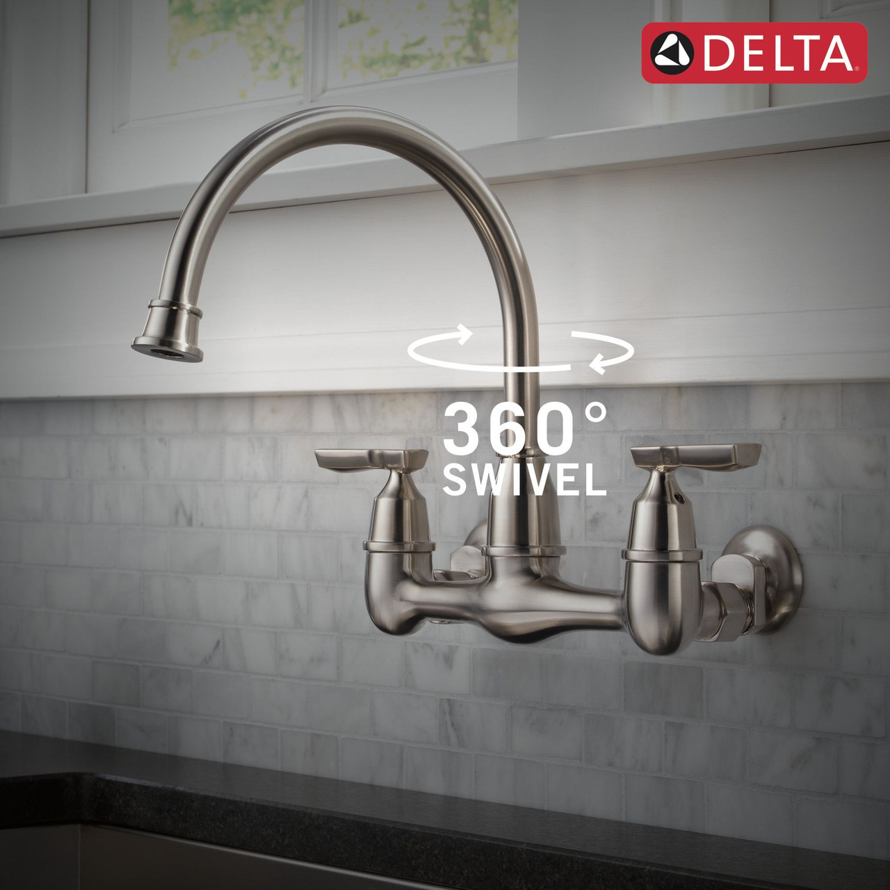 Delta 22722LF-SS Corin Two Handle Wall Mounted Kitchen Faucet, Stainless